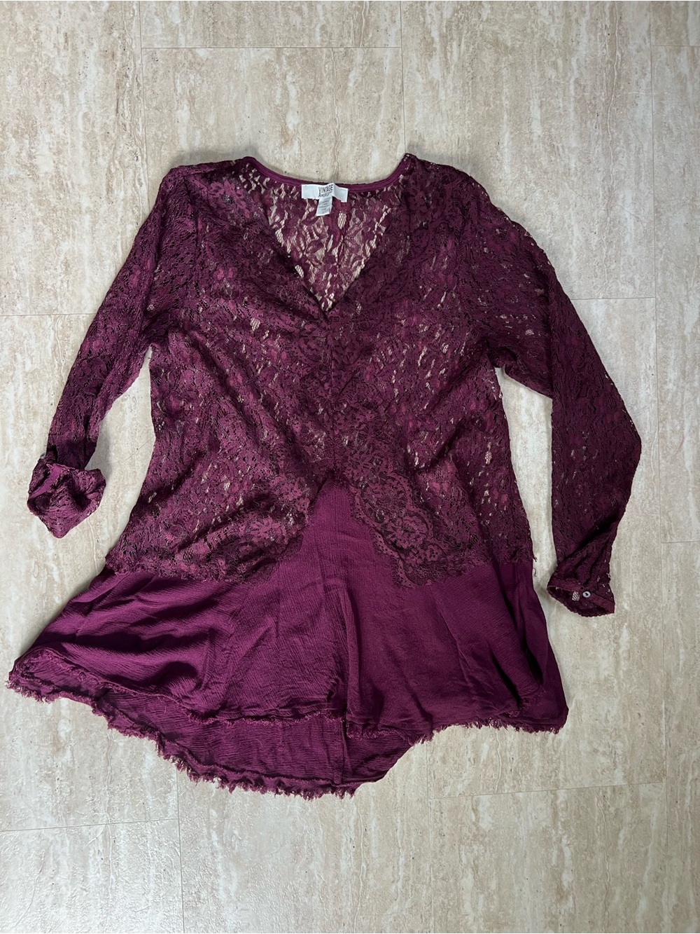 Vintage America Lace V-Neck Tunic Long Roll Sleeve in Deep Wine Purple Large
